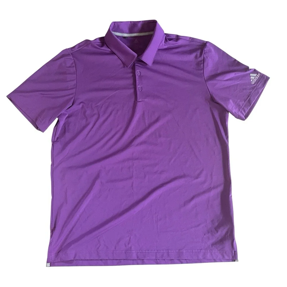 adidas Men's Size L Purple Polo Golf Athletic Performance Short‎ Sleeve Button